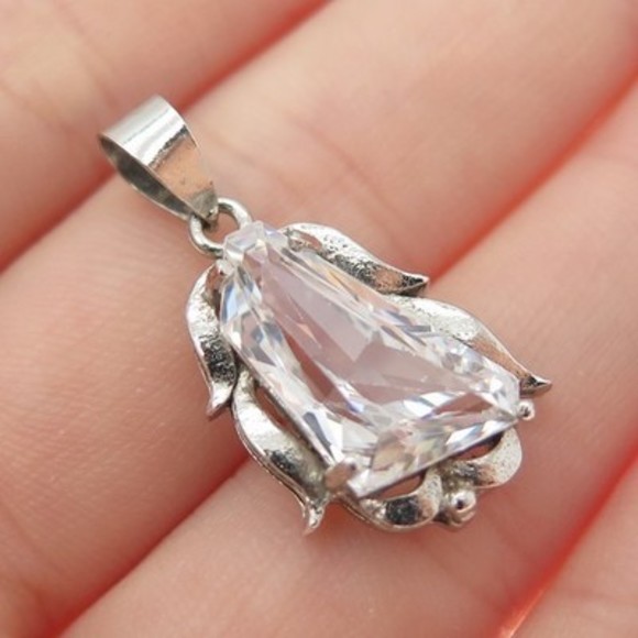 925 Sterling Silver Vintage C Z Modernist Floral Charm Pendant - Picture 1 of 7
